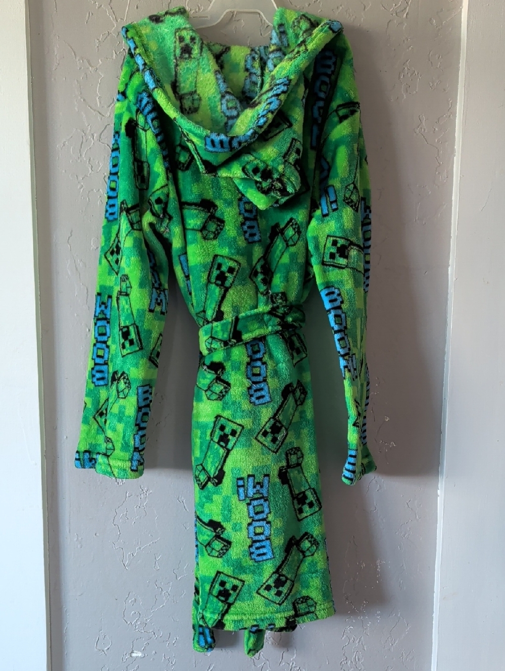 Kids' Green Hooded Fleece Robe - Plush Bathrobe Minecraft Creeper Fuzzy